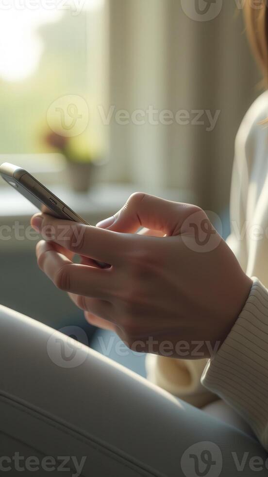 Woman browsing internet on smartphone inside home office photo