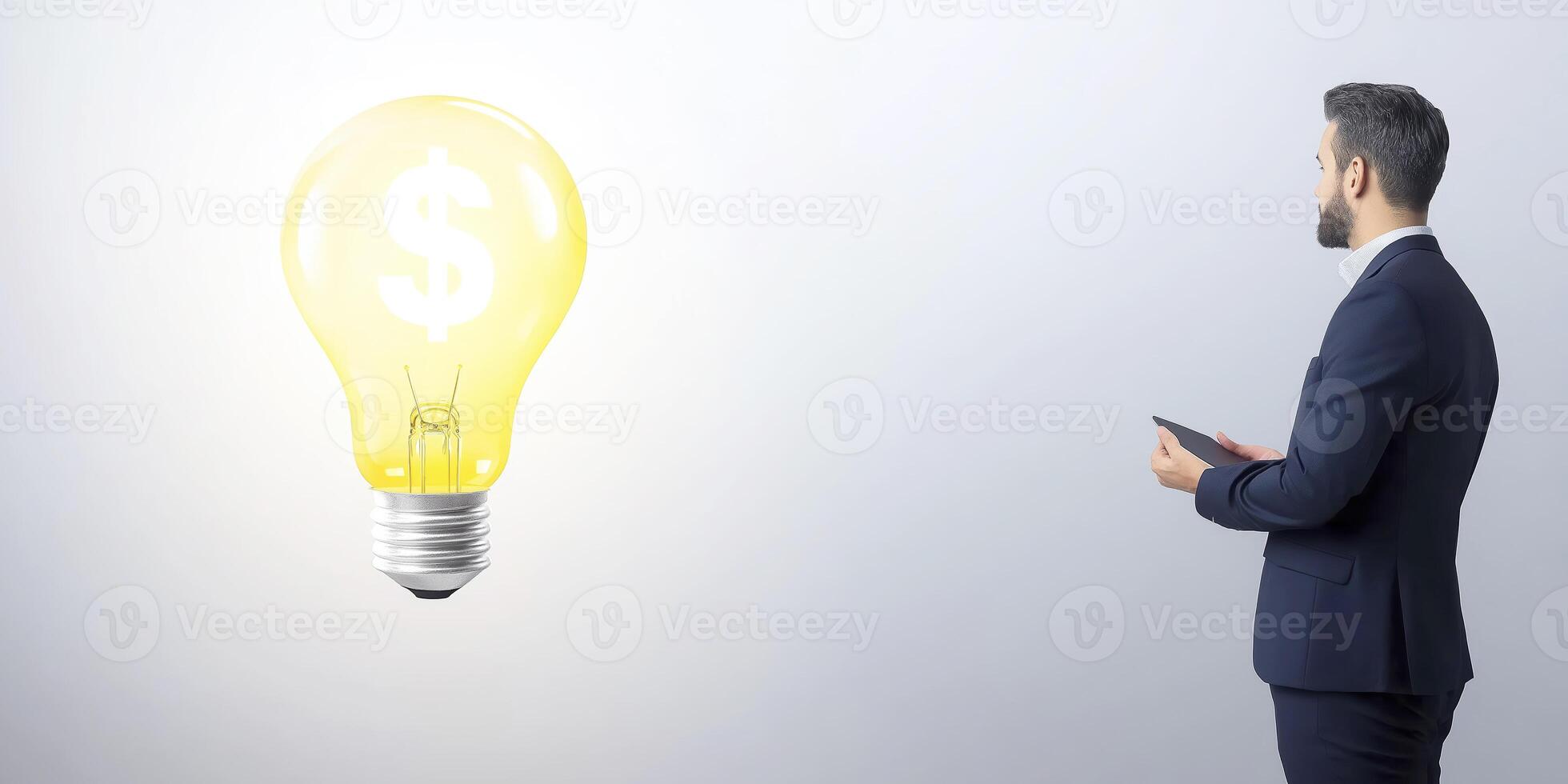 Businessman looking for a new money making idea looking at a lightbulb with a dollar symbol inside photo