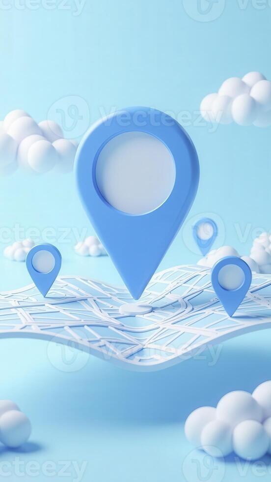 Location pins floating over a map with stylized clouds on a blue background photo