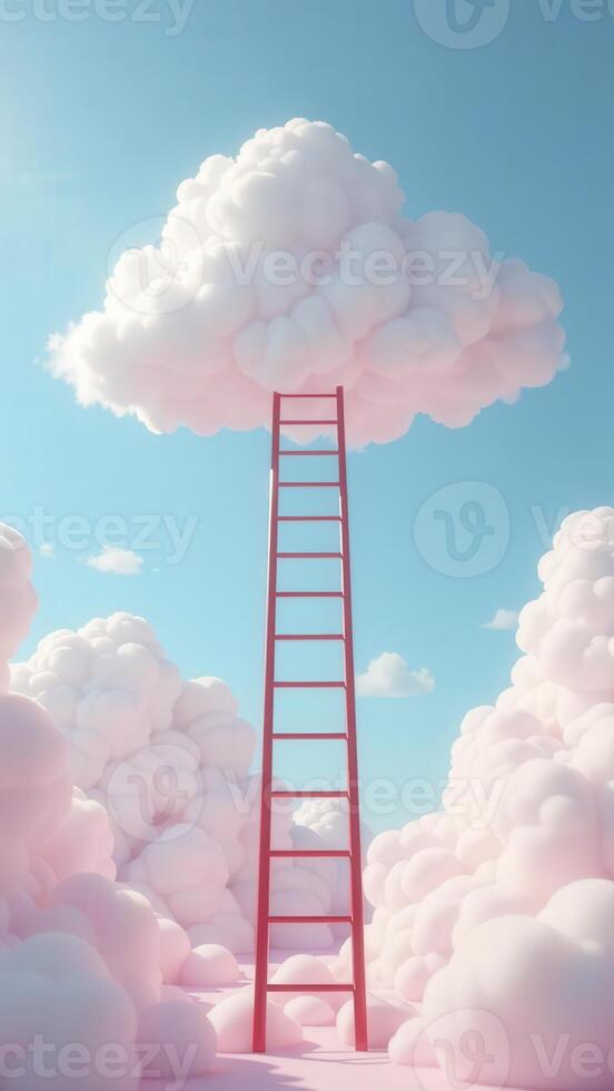 Red ladder leading to white fluffy cloud in pink sky with other clouds around, surreal dreamlike concept photo