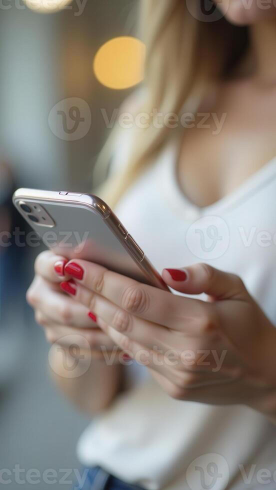 Woman using smartphone browsing internet inside building photo