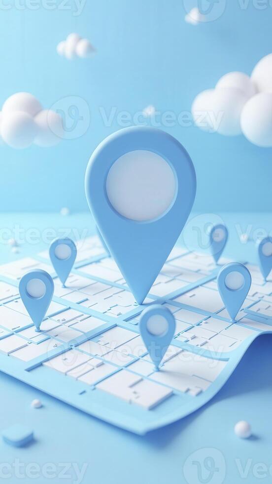 Location pin showing destination on minimalist 3d map with clouds photo