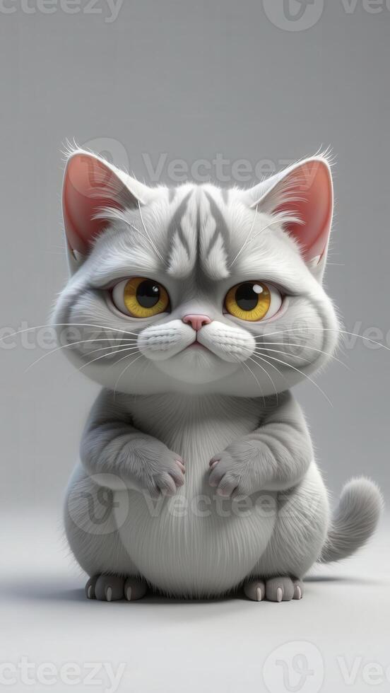 Grumpy white kitten sitting with paws folded, 3d render photo