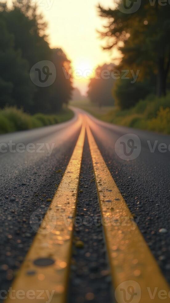 Winding country road leading to sunrise destination at dawn photo
