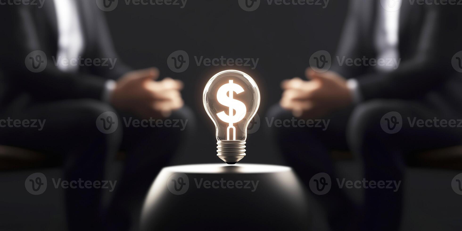 Businessmen discussing a bright idea for making money. Light bulb with dollar symbol glowing between two businessmen discussing new profitable ideas photo