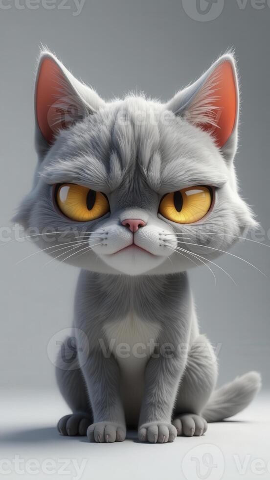 Grumpy gray cat sitting and showing displeasure with intense stare photo