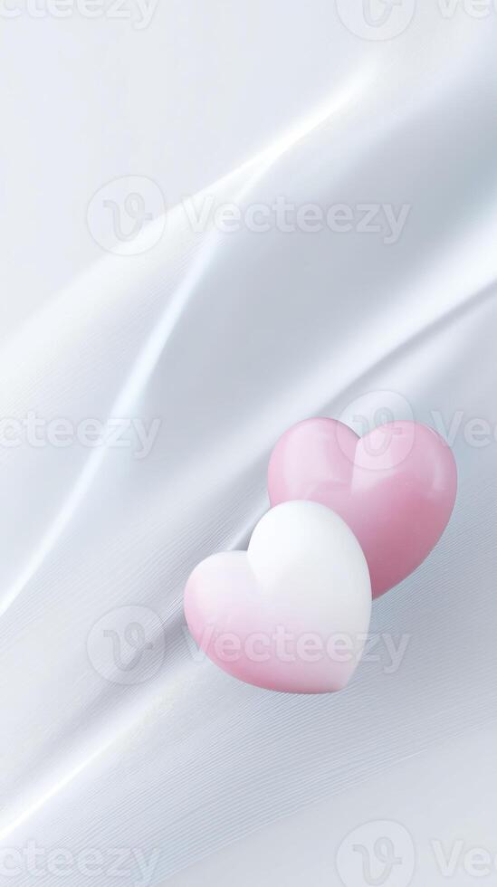 Two glossy hearts, one pink and one white, resting on a soft, flowing fabric background, creating a romantic and serene atmosphere for love-themed designs photo