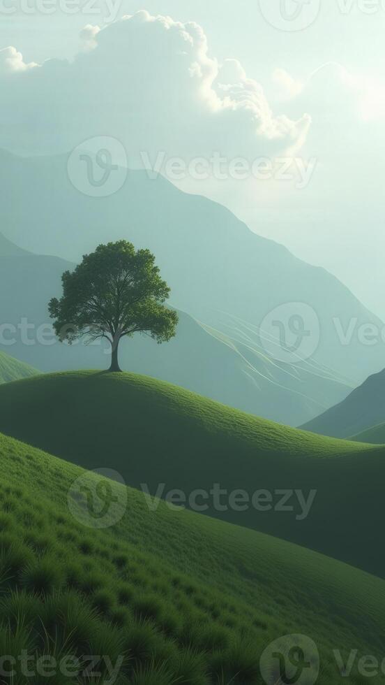 Lonely tree growing on rolling green hills with misty mountains photo