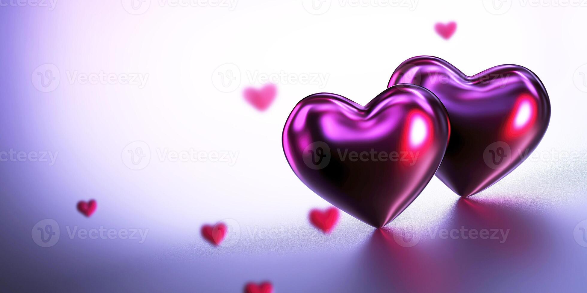 Two shiny purple hearts celebrating valentine's day with smaller hearts in the background. Backdrop creating a romantic atmosphere perfect photo