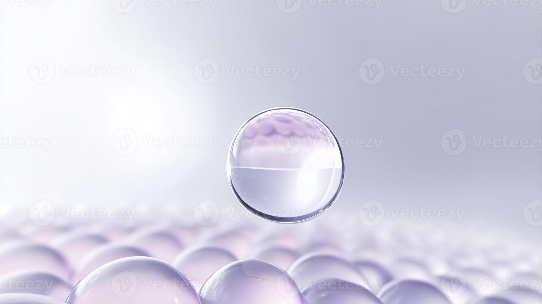 Transparent bubble suspended above a cluster of soft purple spheres, creating a serene and ethereal atmosphere, showcasing delicate reflections and light play in a minimalist setting photo