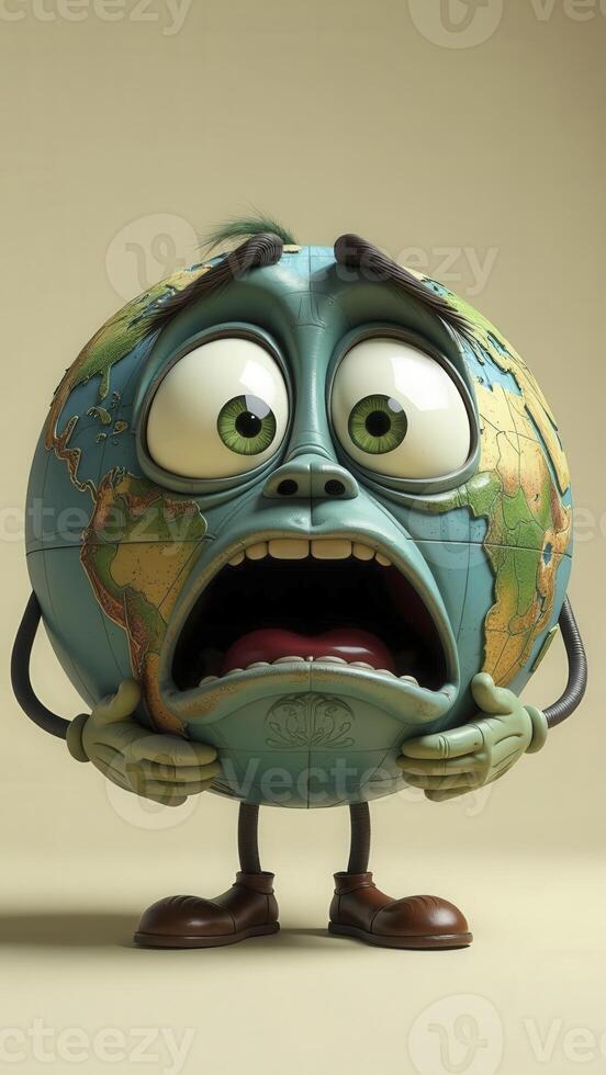 A cartoon earth with a sad face and hands photo