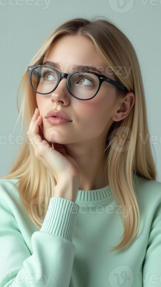 Thoughtful blond woman wearing glasses and green sweater is holding her chin photo