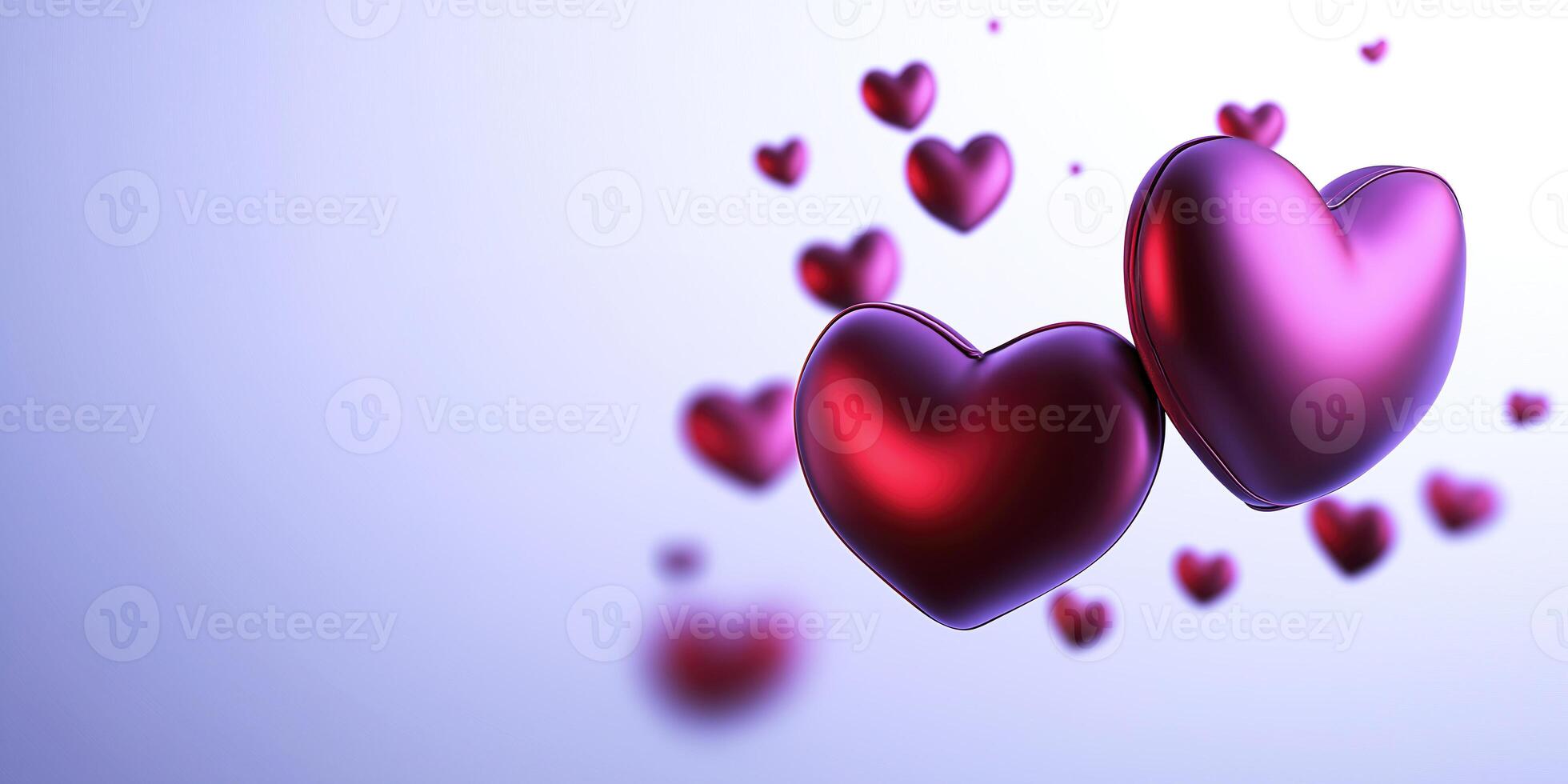 Two glowing hearts floating on a romantic purple background, perfect for valentine's day or romantic themes photo