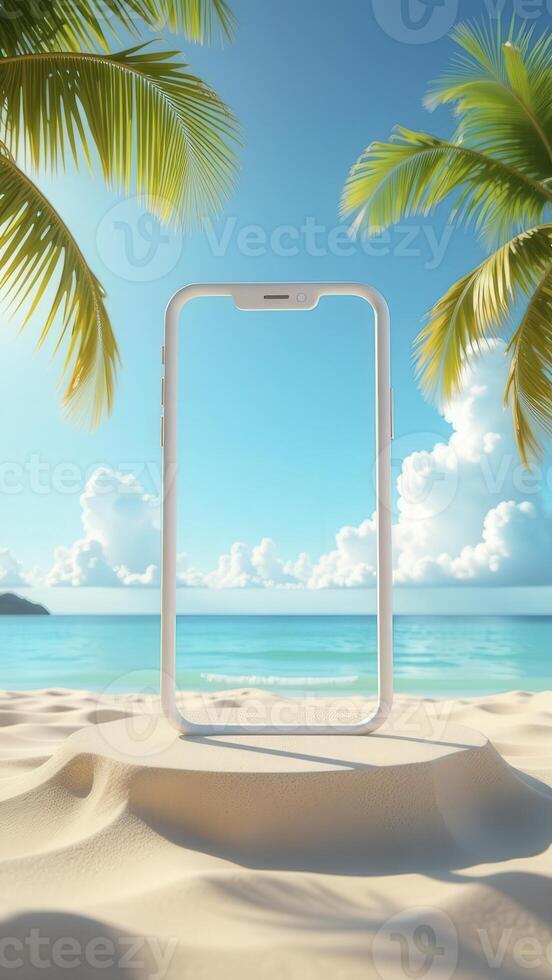 Smartphone showing tropical beach with palm trees and turquoise water on sunny day photo