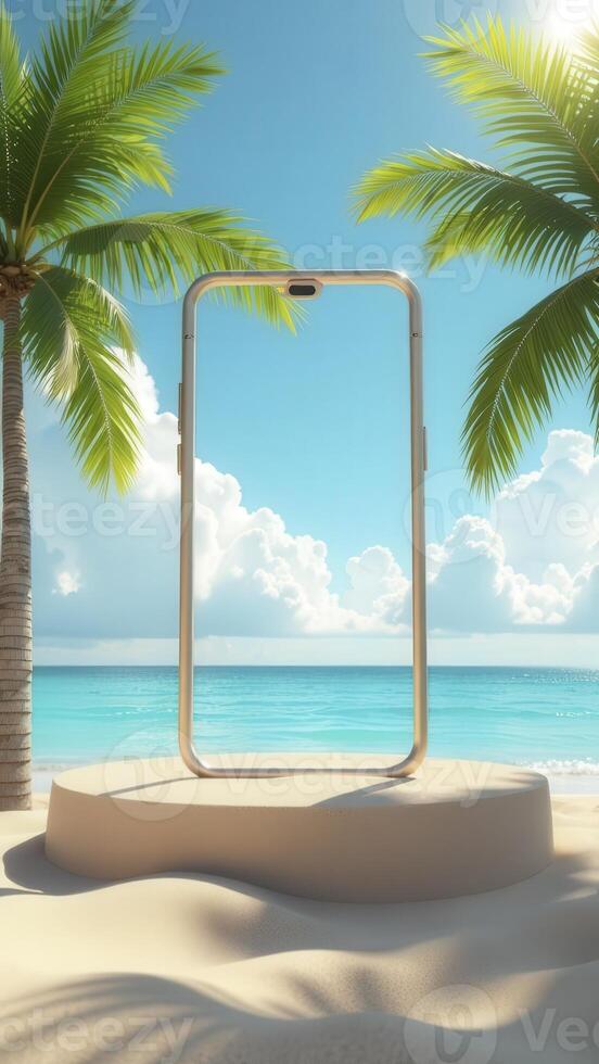 Smartphone showing tropical beach on display, summer vacation concept photo
