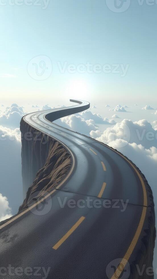 Road winding through clouds towards the sun above a cliff photo