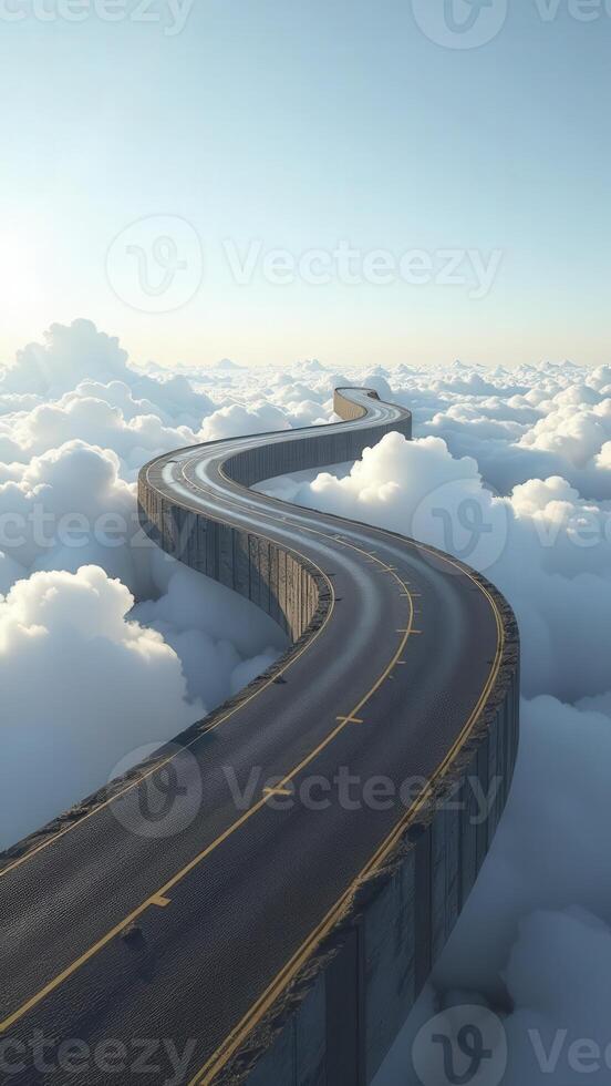 Winding road paved with asphalt floating through the clouds photo