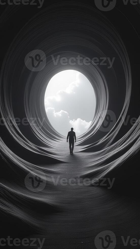 Businessman walking towards light at end of tunnel photo