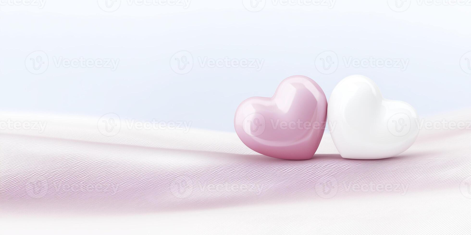 Two glossy heart-shaped objects, one pink and one white, resting on a soft fabric surface with a gentle gradient background, symbolizing love and affection in a romantic setting photo