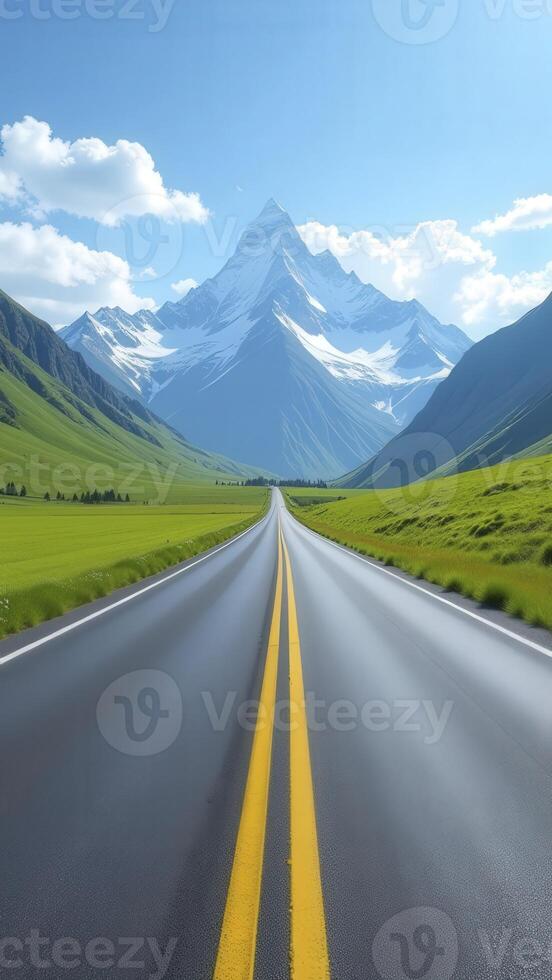 Asphalt road leading to snowy mountain peak through green valley photo