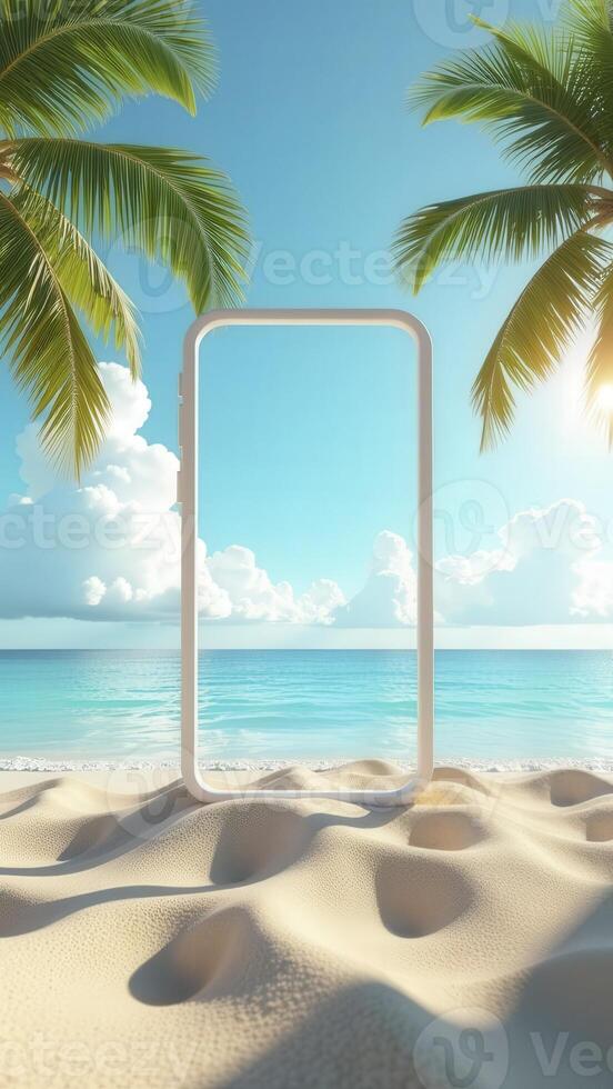 Smartphone showing tropical beach with palm trees and clouds, summer vacation concept photo