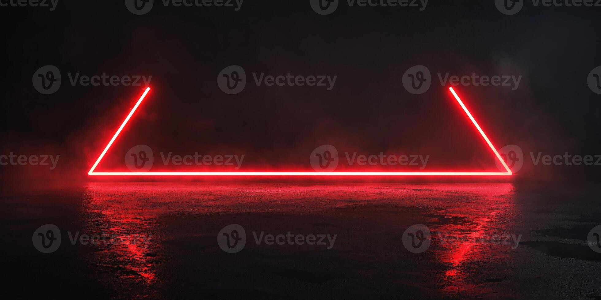 Red neon lights forming triangle shape on wet asphalt in dark background photo