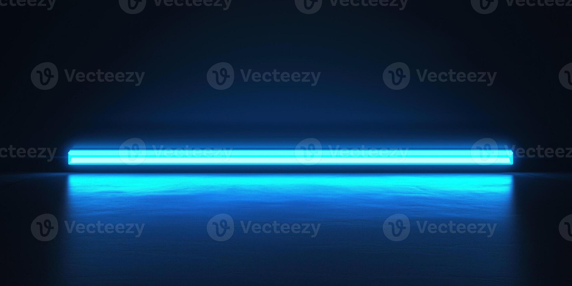 Bright blue neon light illuminating dark room with reflective floor photo