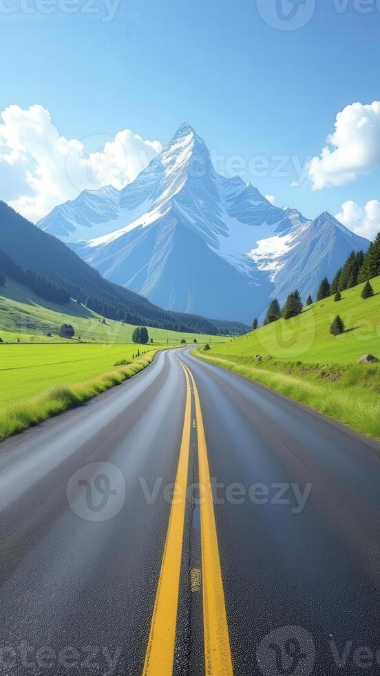 Asphalt road leading to majestic snow-capped mountain peak in summer photo