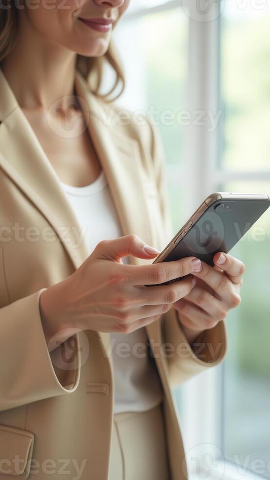 Businesswoman using smartphone near window, browsing internet, reading news photo