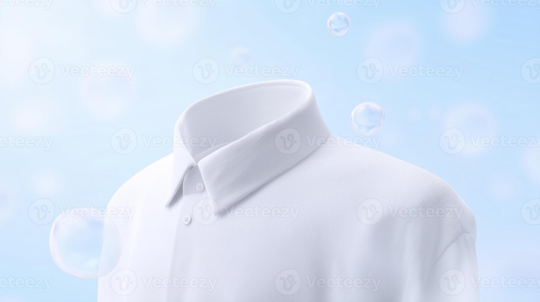 White shirt floating in a soft blue background with bubbles, showcasing a clean and fresh appearance, ideal for fashion or laundry-related concepts and designs photo
