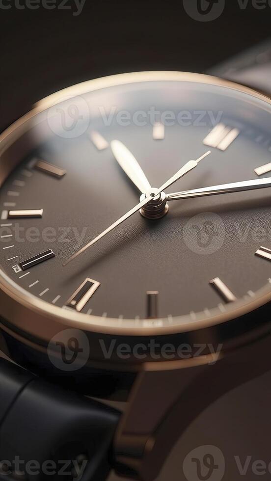 Luxury wristwatch showing time on dark background photo