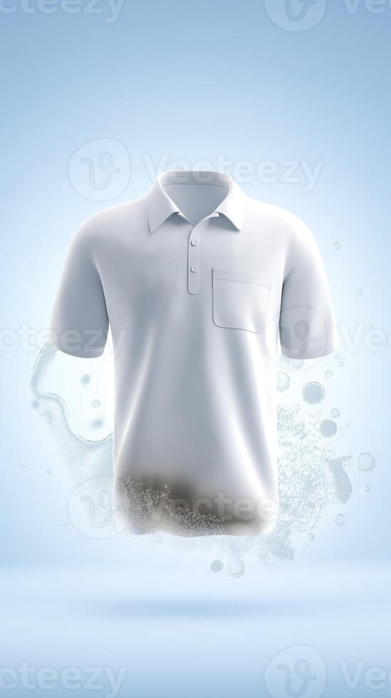 White polo shirt mock up with clean design, floating against a soft blue background, showcasing fabric texture and visual appeal for branding and marketing purposes photo