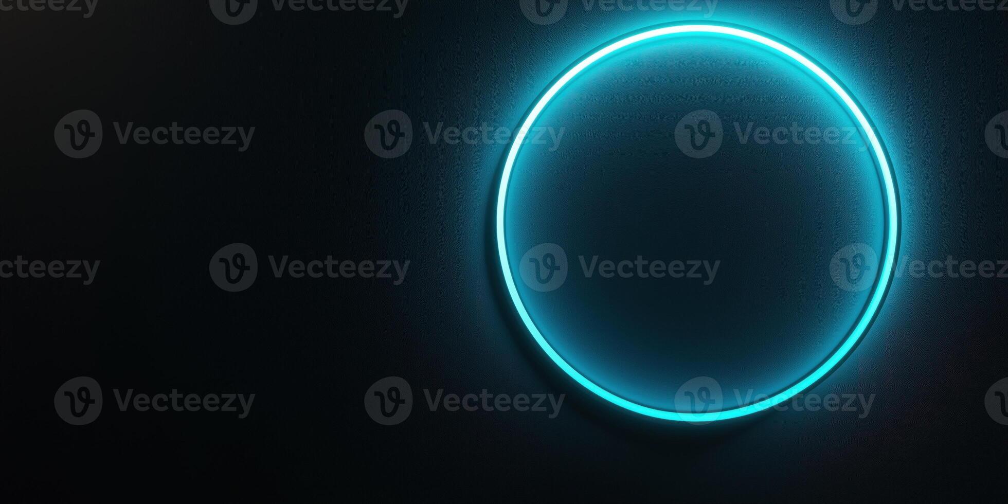 Bright neon circle shining on dark background creating empty space photo