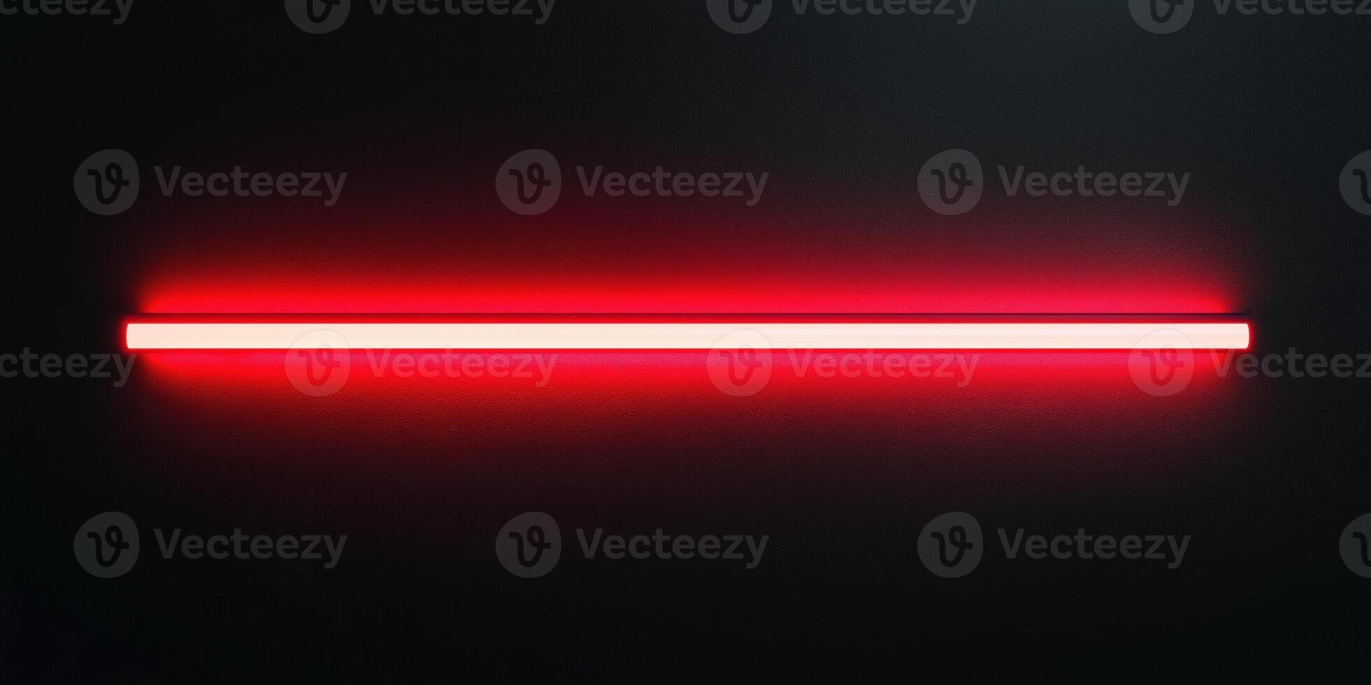 Red neon light tube shining on black background photo