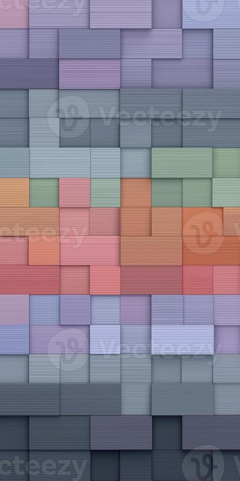 Abstract geometric pattern featuring colorful rectangular blocks in various shades, creating a visually engaging mosaic design with depth and texture for artistic backgrounds photo