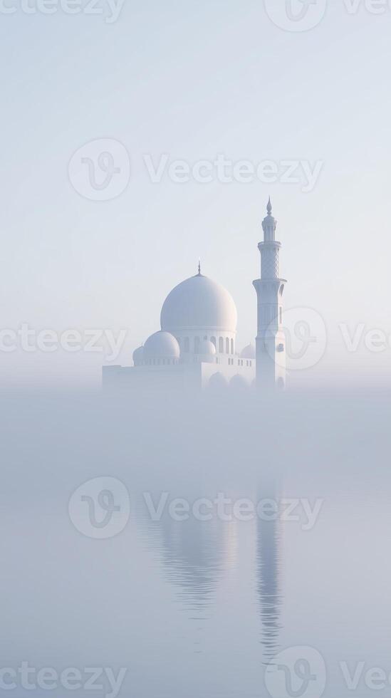 Majestic white mosque emerges from thick fog, reflecting beautifully on calm water, creating a serene atmosphere of tranquility and spirituality in a minimalist landscape photo