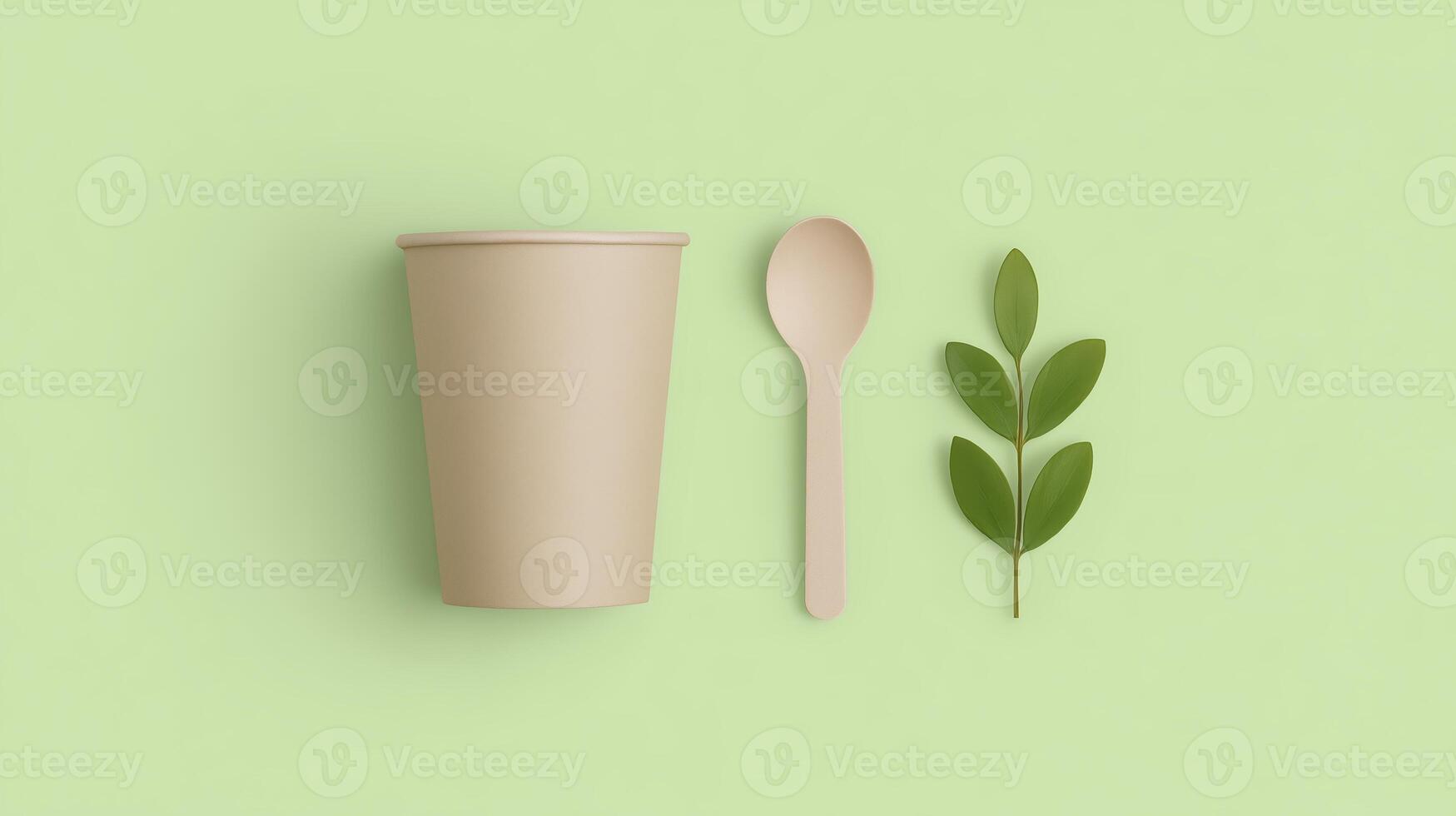 A cup and spoon with leaves on a green background photo