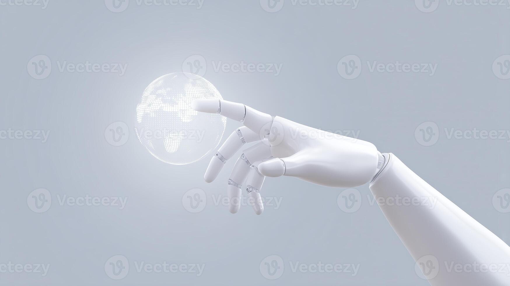 Robotic hand gently touching a glowing globe, symbolizing technology and innovation, with a soft gradient background, representing the connection between humanity and digital advancement photo