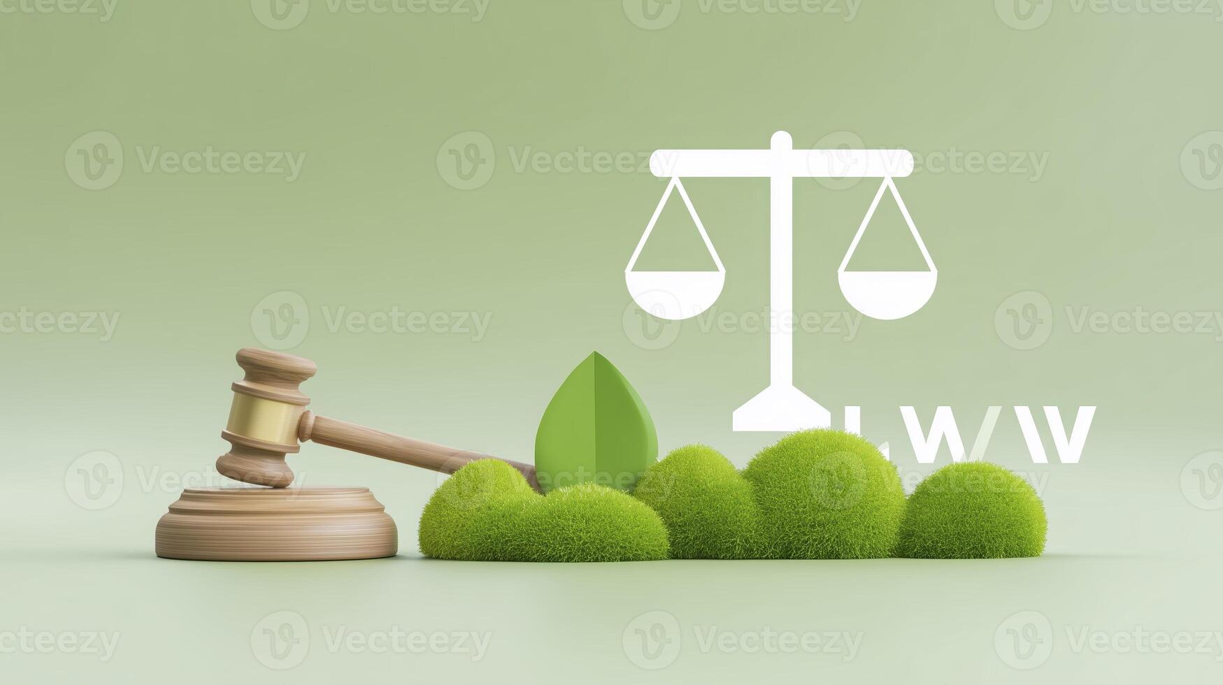 Gavel resting on green moss with a scale symbolizing justice, representing environmental law and sustainability, highlighting the balance between nature and legal principles in a modern context photo