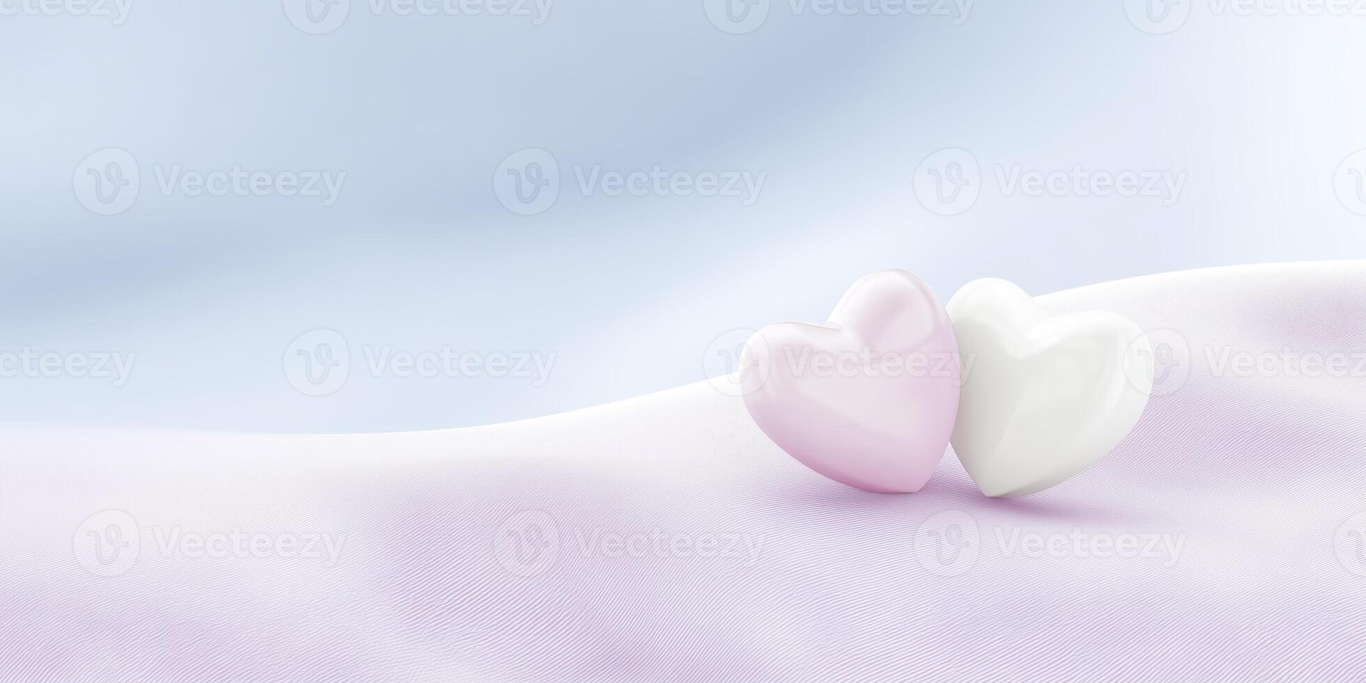 Two glossy heart-shaped objects, one pink and one white, resting on a soft pastel fabric, creating a romantic and serene atmosphere for love-themed designs and decorations photo