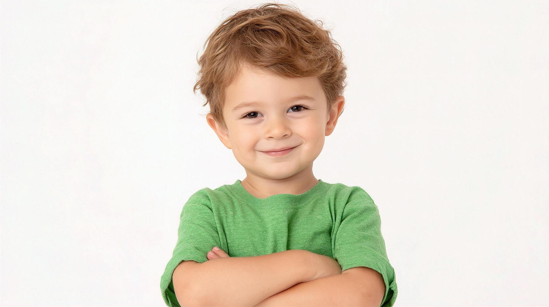 A young boy with his arms crossed in front of him photo
