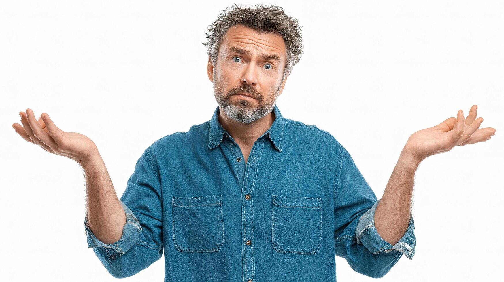 A man with his hands outstretched and looking confused photo