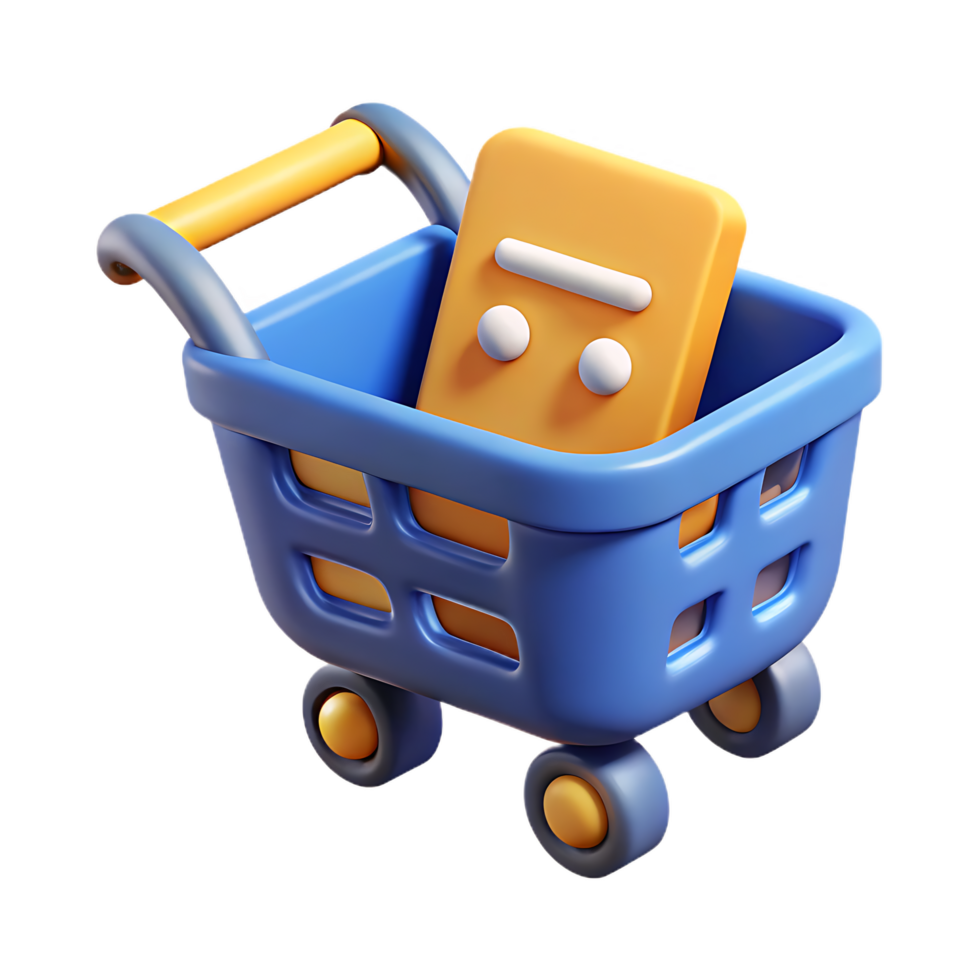 A 3d render of an online shopping cart with a smiling geometric character png