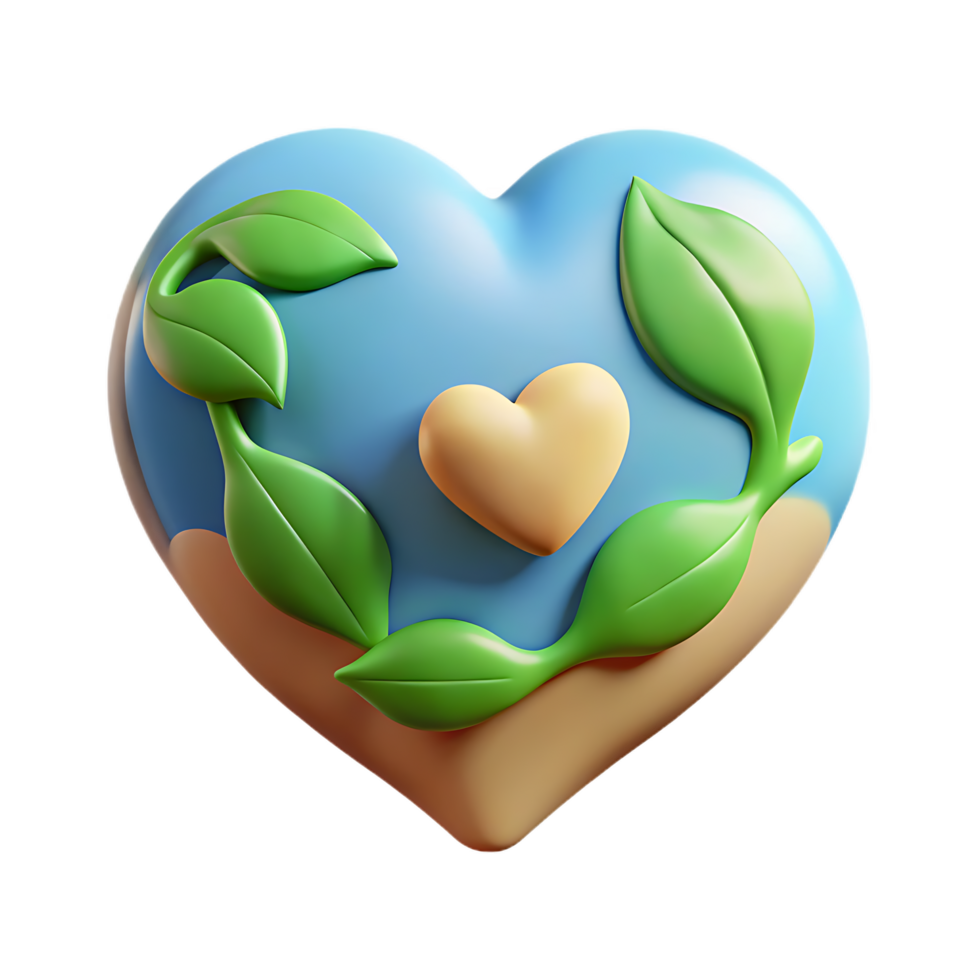 3d rendered heart shaped globe with heart leaves and earth for earth day celebrations png