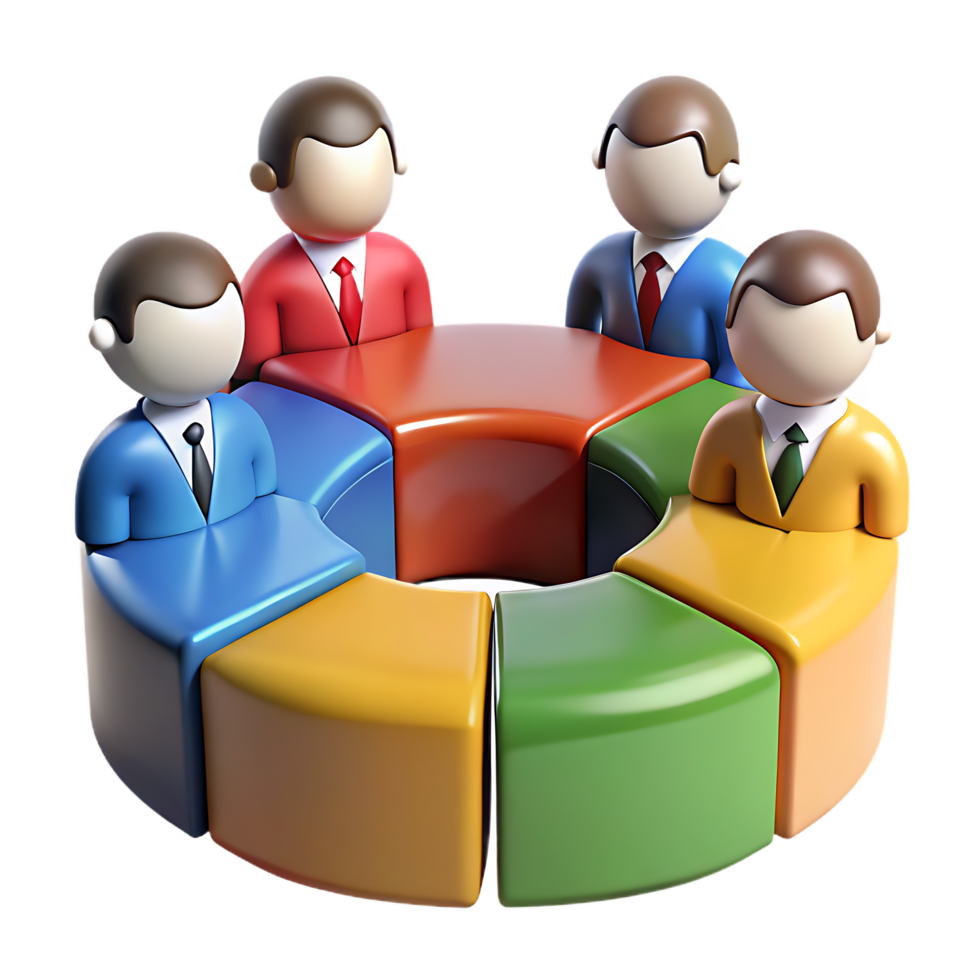 Colorful pie chart representing teamwork and business collaboration with cartoon characters png