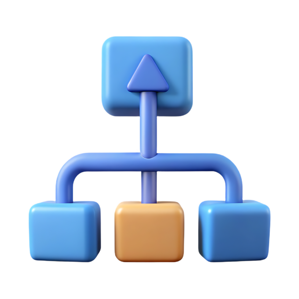 3d rendered business flowchart diagram with upward arrow and interconnected boxes on black background png