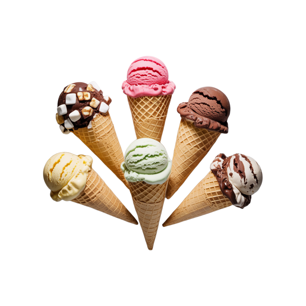 Delicious assortment of ice cream cones featuring various flavors and tasty toppings png