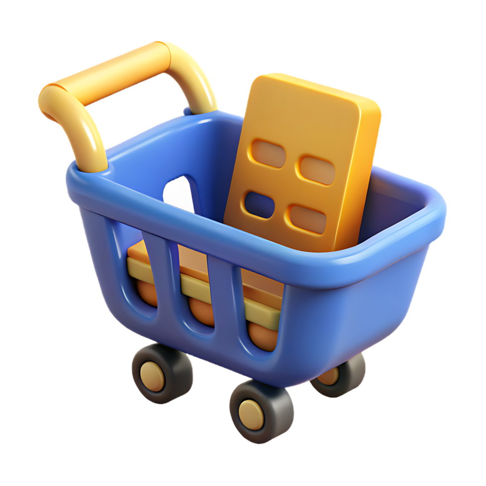 3d rendered shopping cart with a gold bar suggesting online shopping and e-commerce png