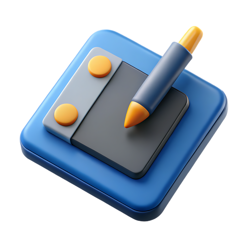 3d render of a digital drawing tablet and stylus pen on a black background png