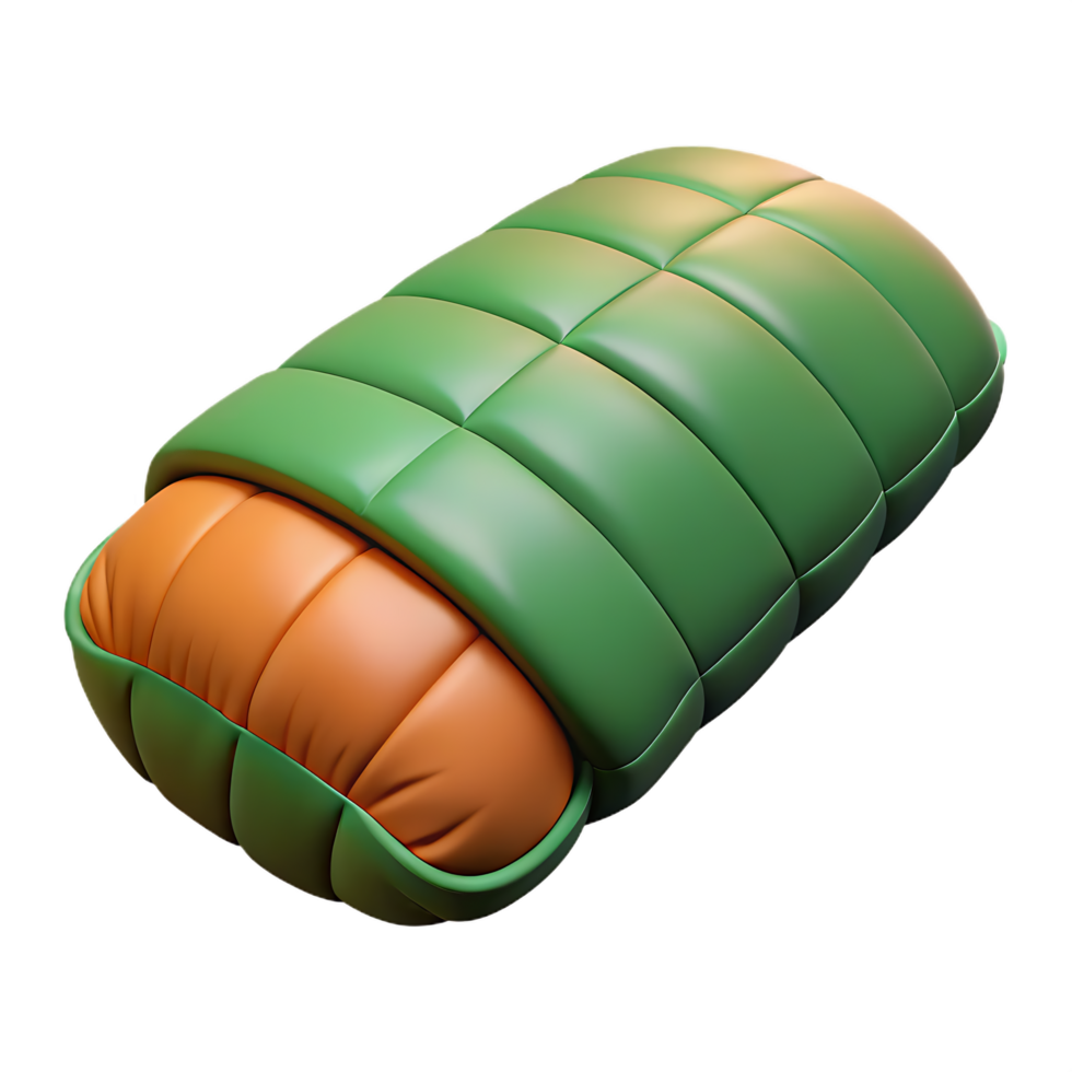 3d render of a comfortable and cozy green and orange sleeping bag on black background png